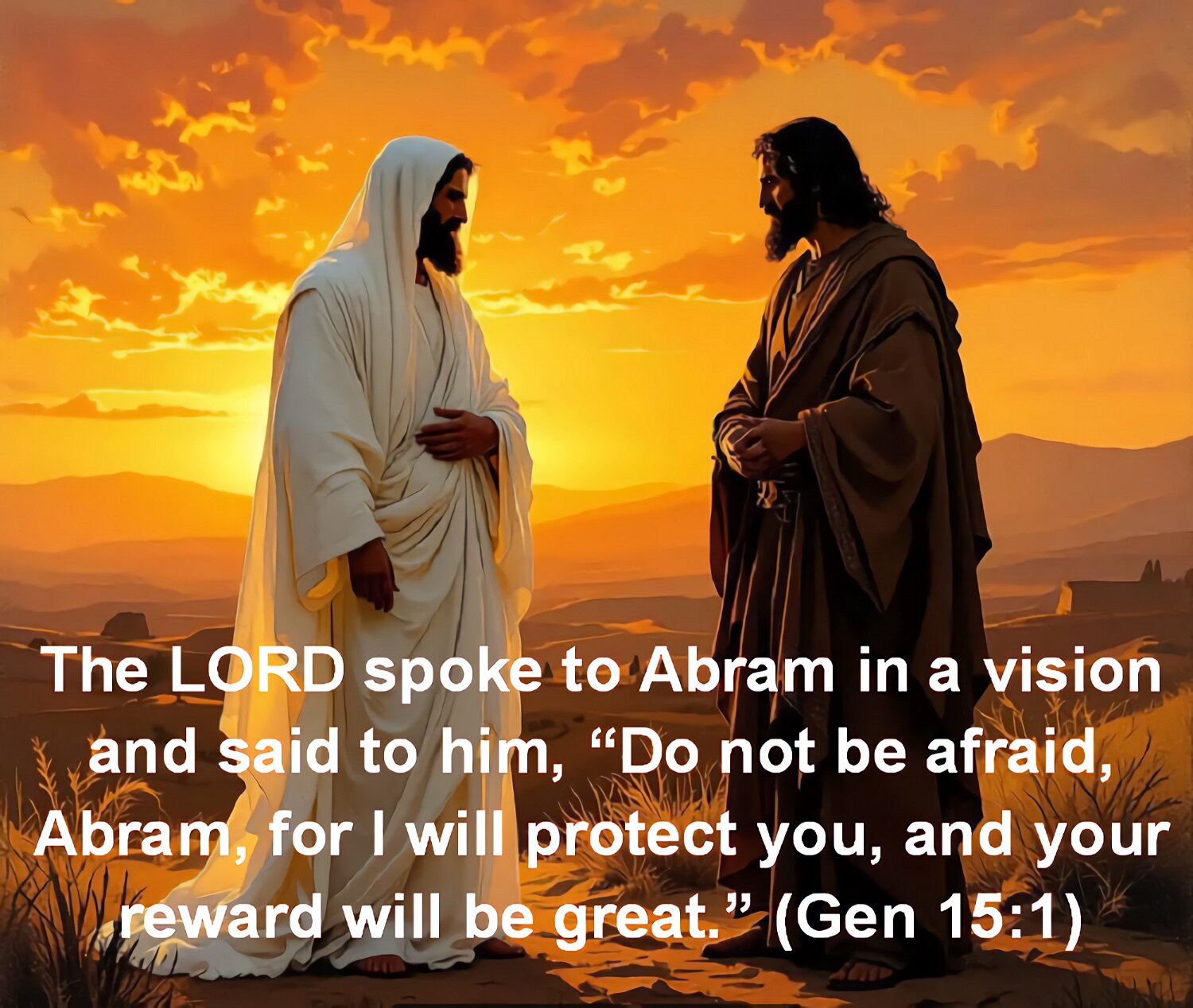 Abram had a vision. The LORD said to him, Abram, do not be afraid. I am like a shield to you. I am your very great reward.